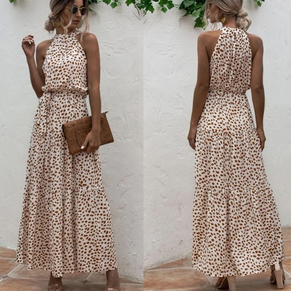 Boho cream brown  halter dot belted maxi dress - Picture 2 of 8